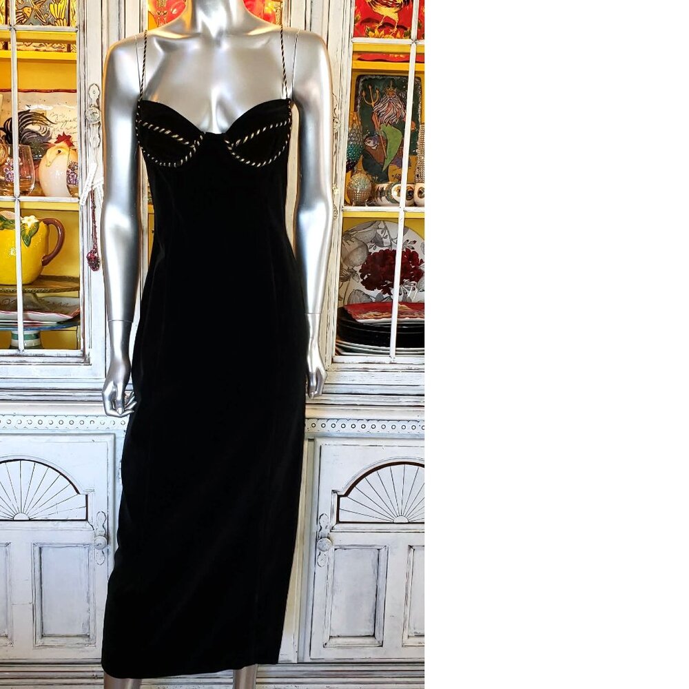 Vintage Betsey Johnson Dress LUXE 90s RUNWAY Black Velvet Midi Slip Size Large - Picture 2 of 15